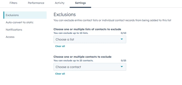 Exclude List Settings