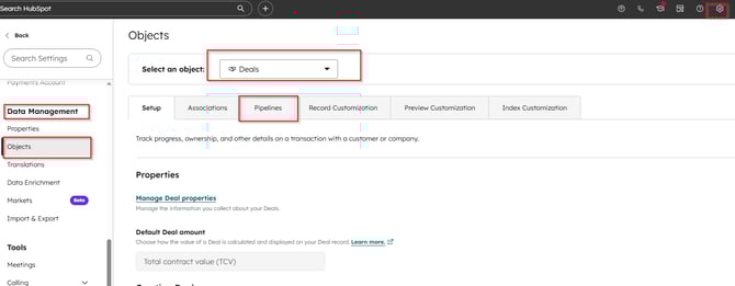 HubSpot Objects Deals Settings