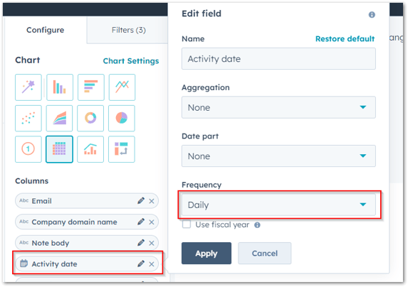 drag the following activity properties to your columns