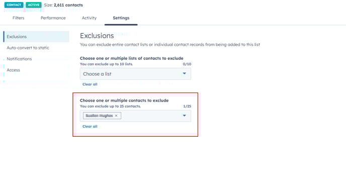 Settings Tab Exclusions Active List