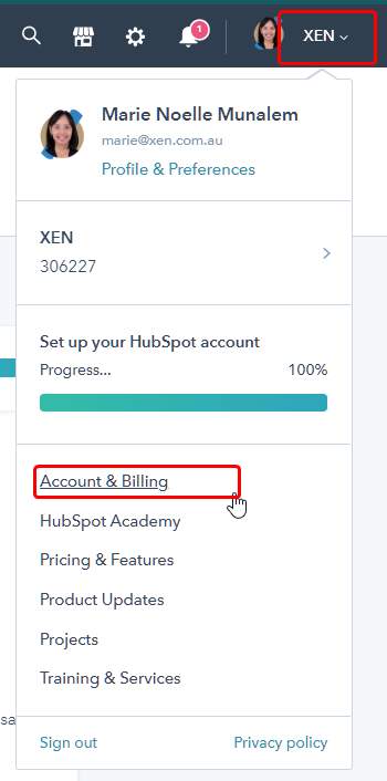 In your HubSpot account, click your account name in the top right corner, then click Account & Billing.