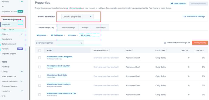 HubSpot Data Management Properties