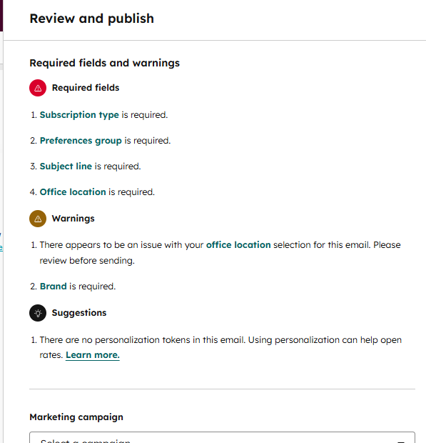 Required fields before publishing an email in HubSpot