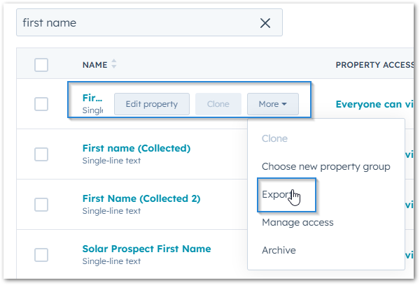 HubSpot Properties Export