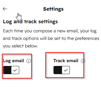 HubSpot extension settings toggle on log email and track email