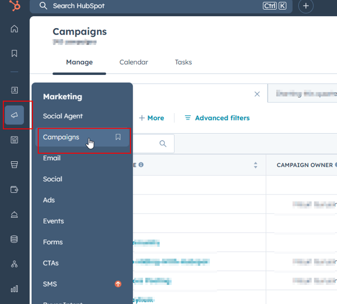 HubSpot Menu Create Campaign