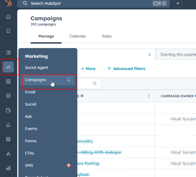 HubSpot Menu Create Campaign