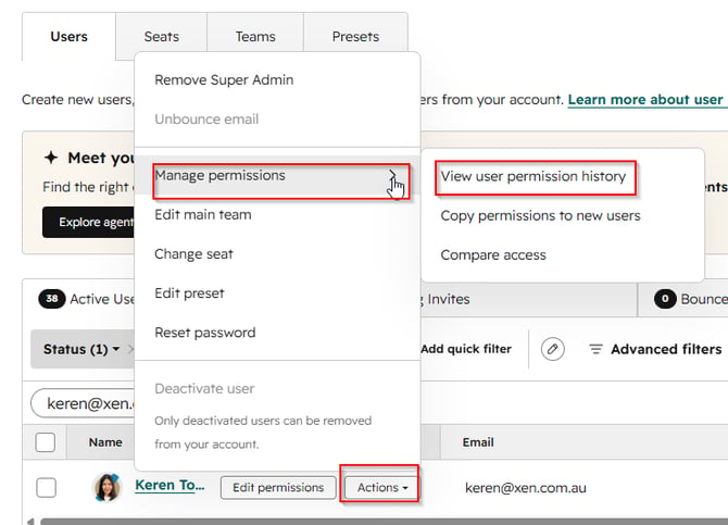 HubSpot view user permission history