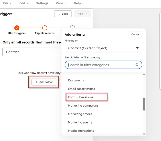 HubSpot workflow add criteria form submissions