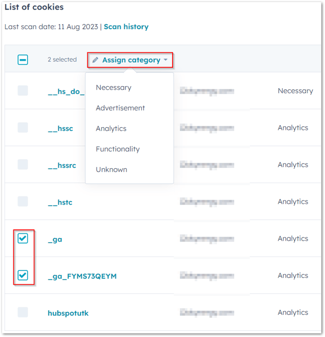 Assign category to cookies