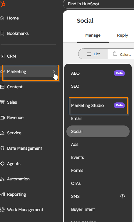 Marketing studio in HubSpot menu