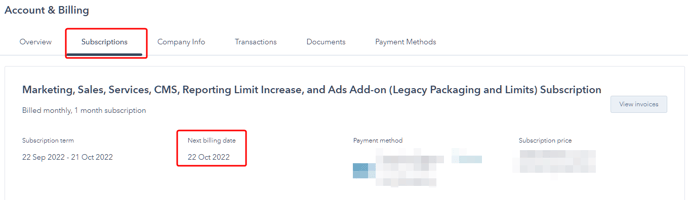 The next billing renewal date can be found under the 'Subscriptions' tab 