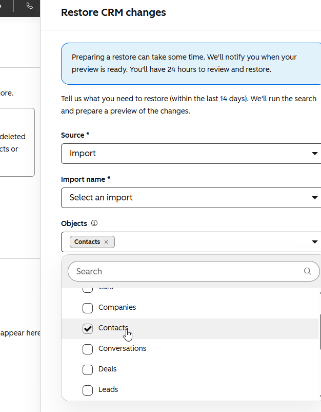 Restore CRM changes contacts example