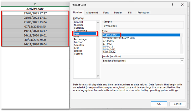  format the column as date 