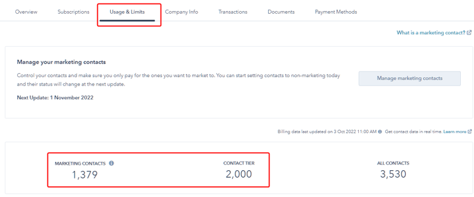 Under the Usage & Limits tab, you will be able to see your current Contact Tier, and current count of Marketing Contacts