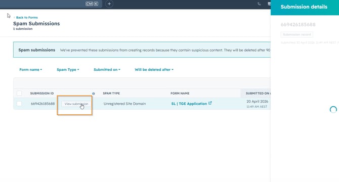 View HubSpot spam submission