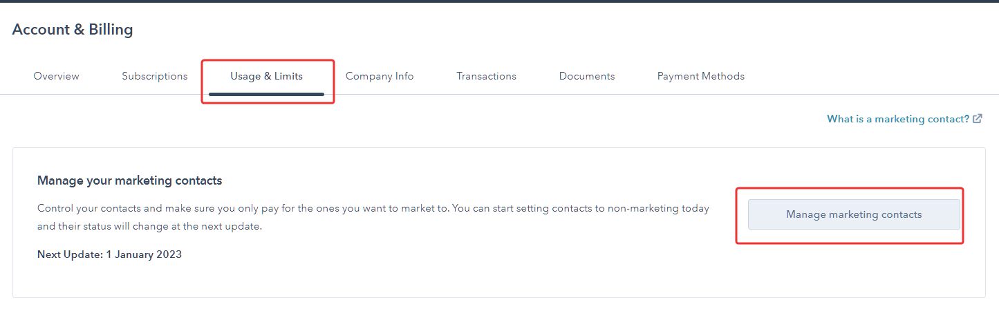 Click the Usage & Limits tab and select Manage Marketing Contacts button