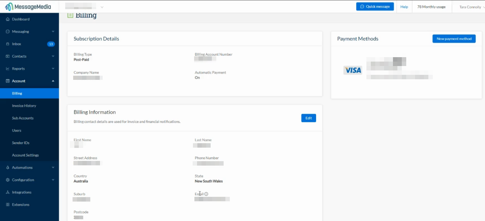 MessageMedia Payment Method and Billing Info