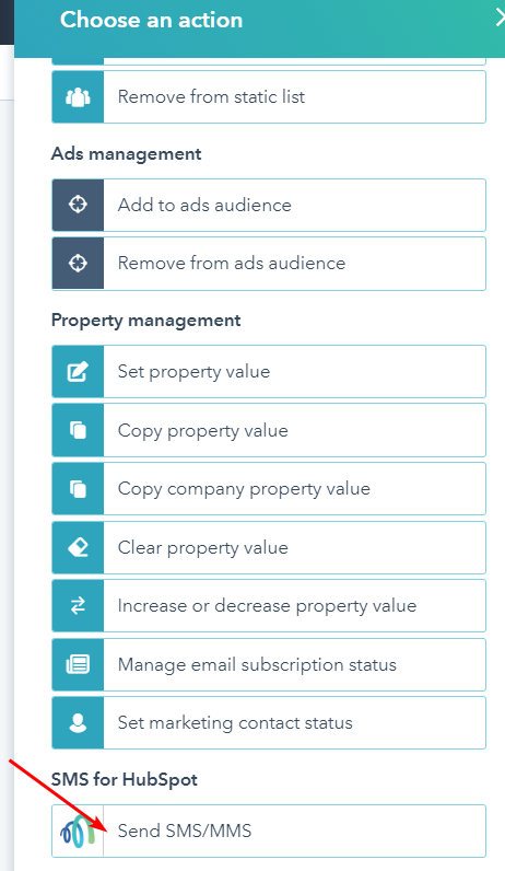 The workflow Action to select is at the bottom Send SMS/MMS