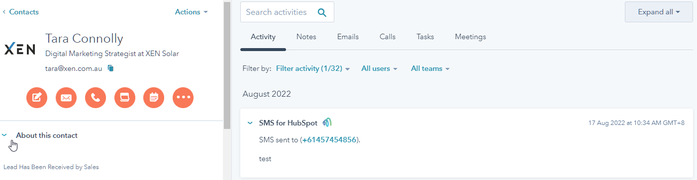 Sample contact activity of sms for hubspot